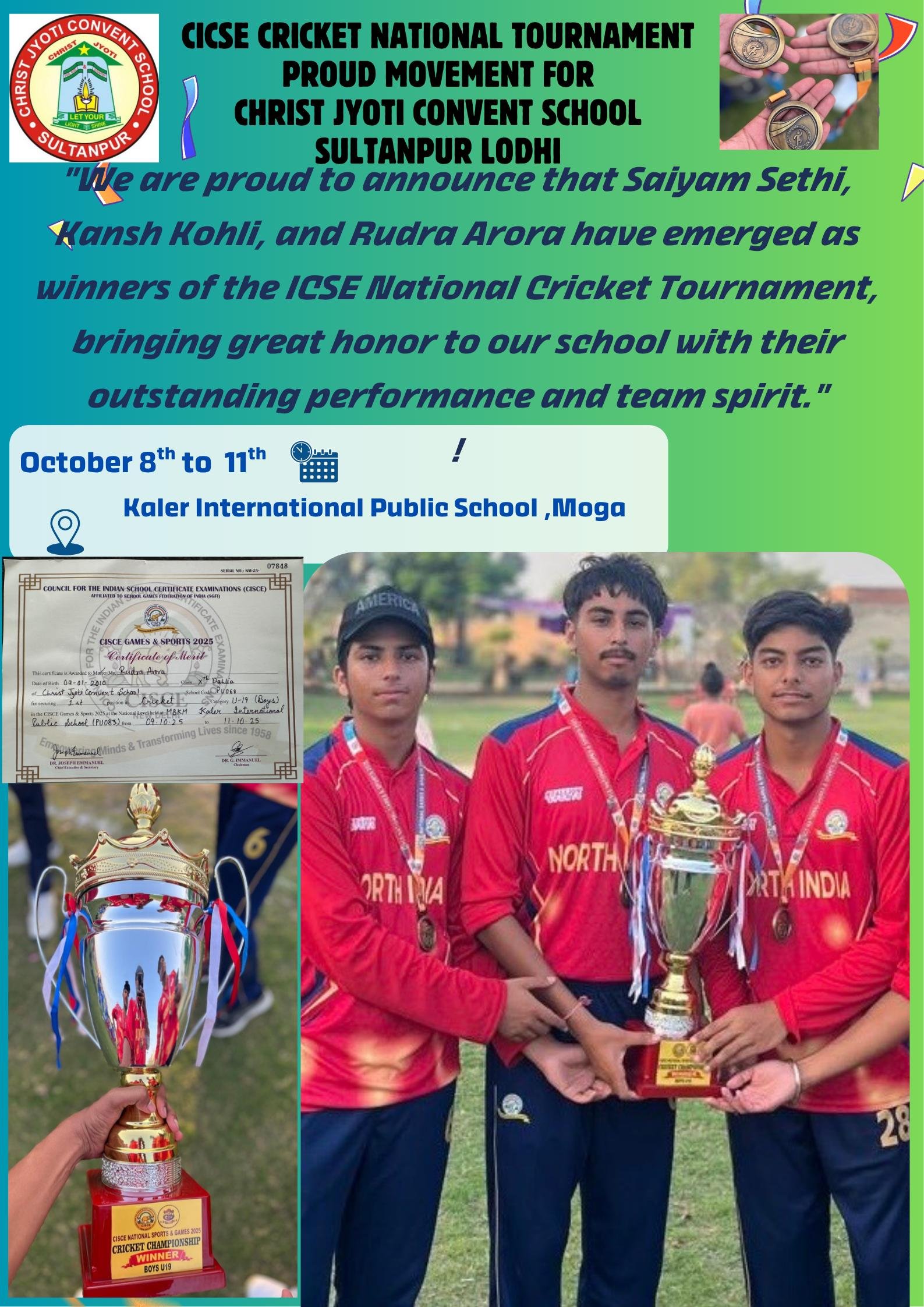 CICSE CRICKET NATIONAL TOURNAMENT PROUD MOVEMENT FOR CHRIST JYOTHI CONVENT SCHOOL SULTANPUR LODHI
